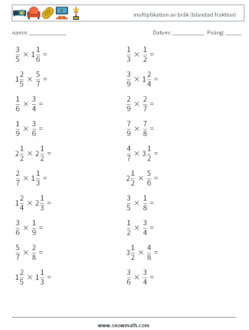 (20) multiplikation av bråk (blandad fraktion) Matematiska arbetsblad 5