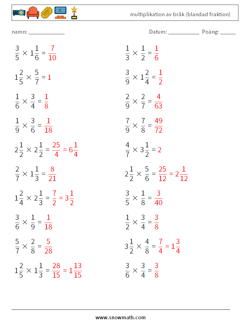 (20) multiplikation av bråk (blandad fraktion) Matematiska arbetsblad 5 Fråga, svar