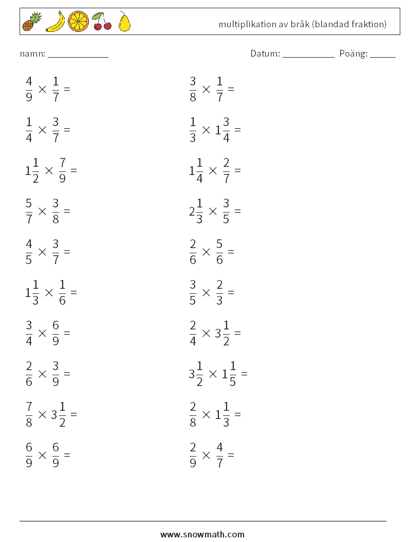 (20) multiplikation av bråk (blandad fraktion) Matematiska arbetsblad 6