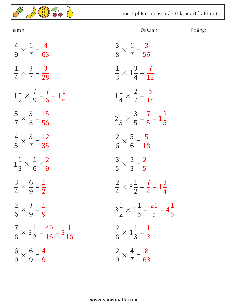 (20) multiplikation av bråk (blandad fraktion) Matematiska arbetsblad 6 Fråga, svar