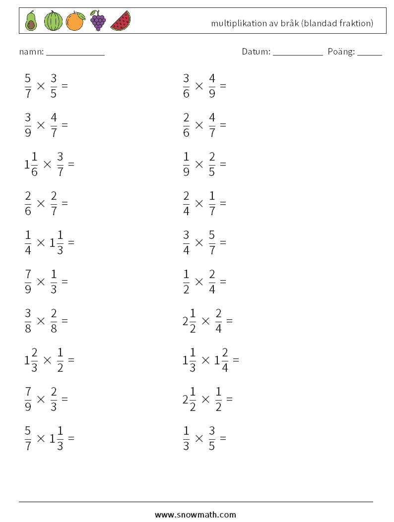 (20) multiplikation av bråk (blandad fraktion) Matematiska arbetsblad 7