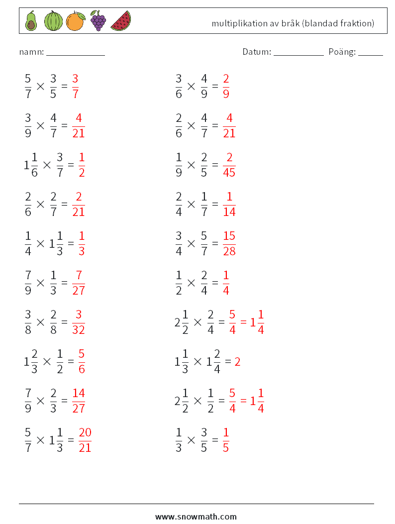 (20) multiplikation av bråk (blandad fraktion) Matematiska arbetsblad 7 Fråga, svar