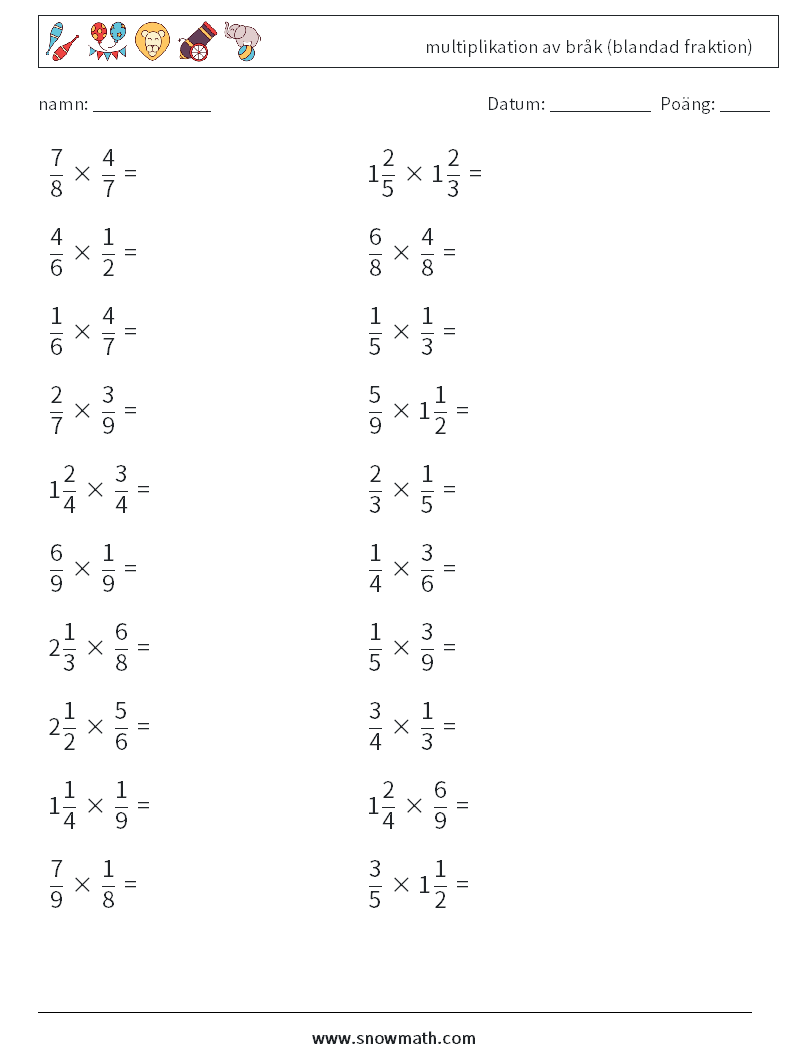 (20) multiplikation av bråk (blandad fraktion) Matematiska arbetsblad 8