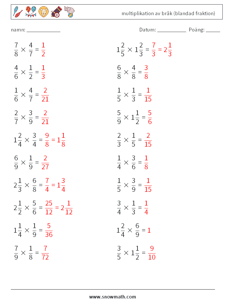 (20) multiplikation av bråk (blandad fraktion) Matematiska arbetsblad 8 Fråga, svar