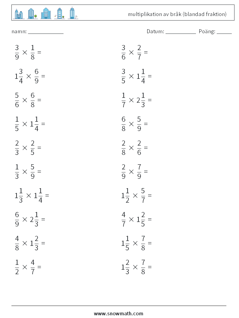 (20) multiplikation av bråk (blandad fraktion) Matematiska arbetsblad 9