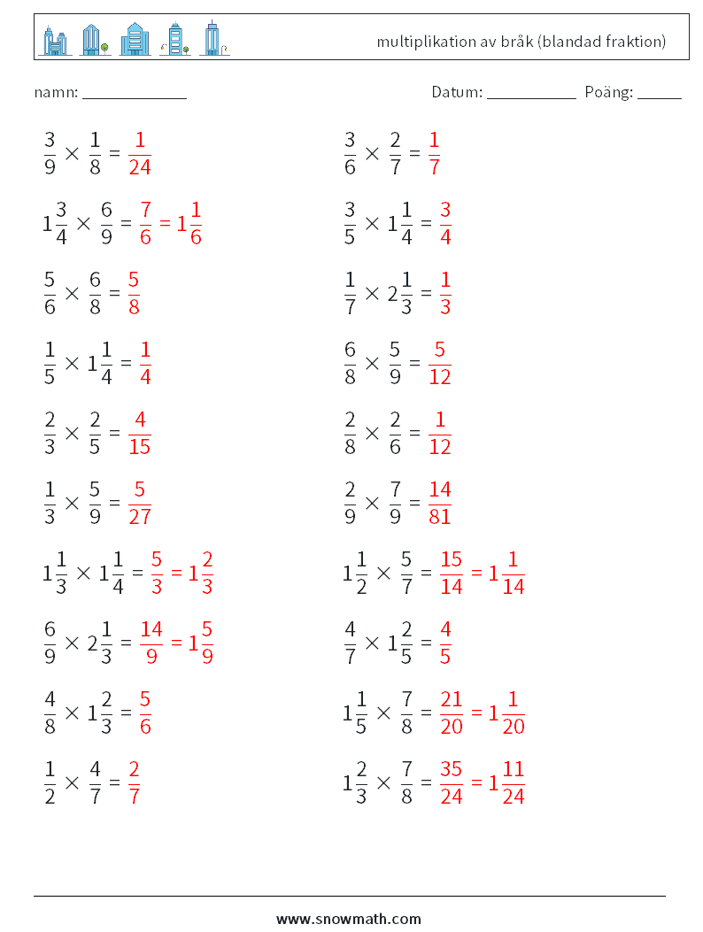 (20) multiplikation av bråk (blandad fraktion) Matematiska arbetsblad 9 Fråga, svar
