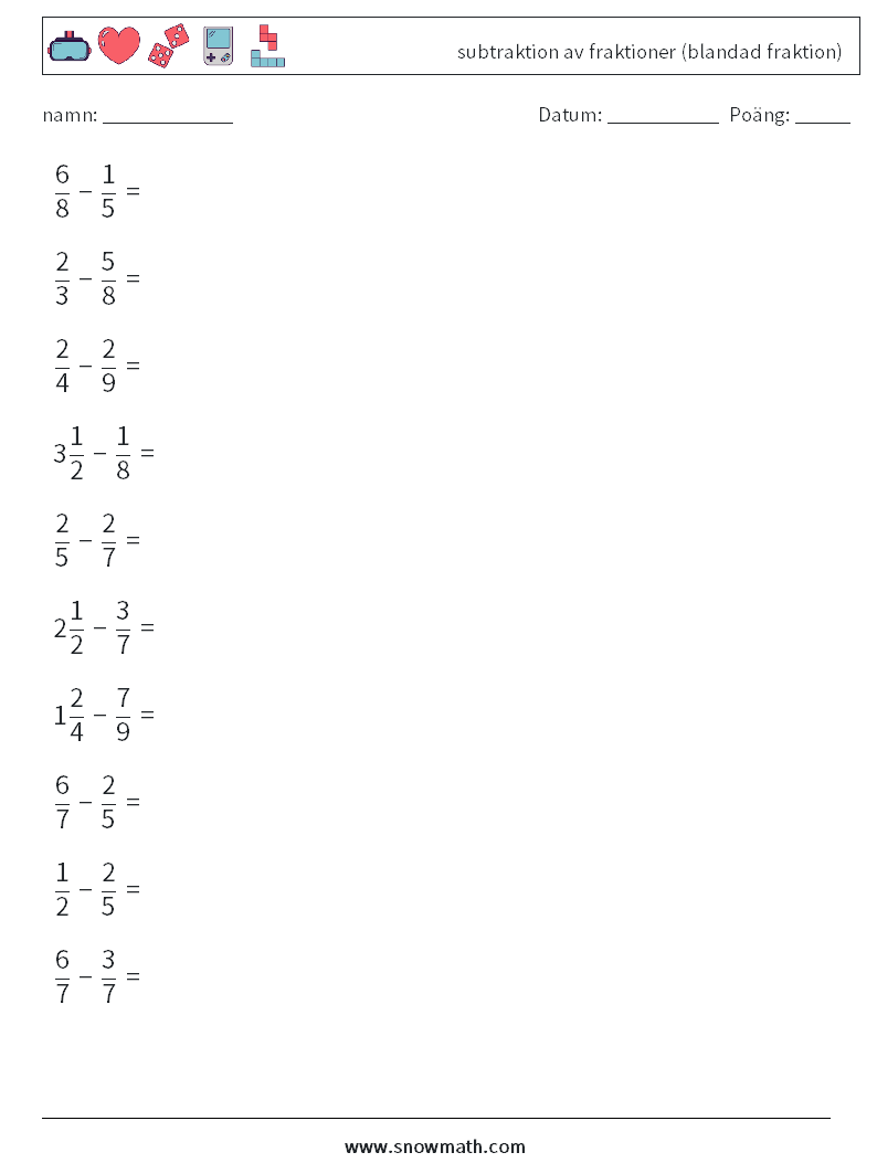 (10) subtraktion av fraktioner (blandad fraktion) Matematiska arbetsblad 1