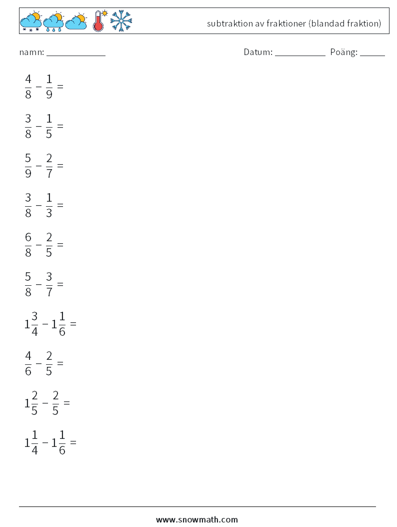 (10) subtraktion av fraktioner (blandad fraktion) Matematiska arbetsblad 10