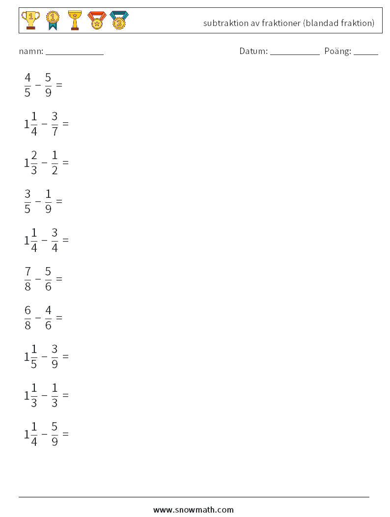 (10) subtraktion av fraktioner (blandad fraktion) Matematiska arbetsblad 11