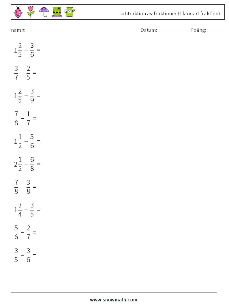 (10) subtraktion av fraktioner (blandad fraktion) Matematiska arbetsblad 12