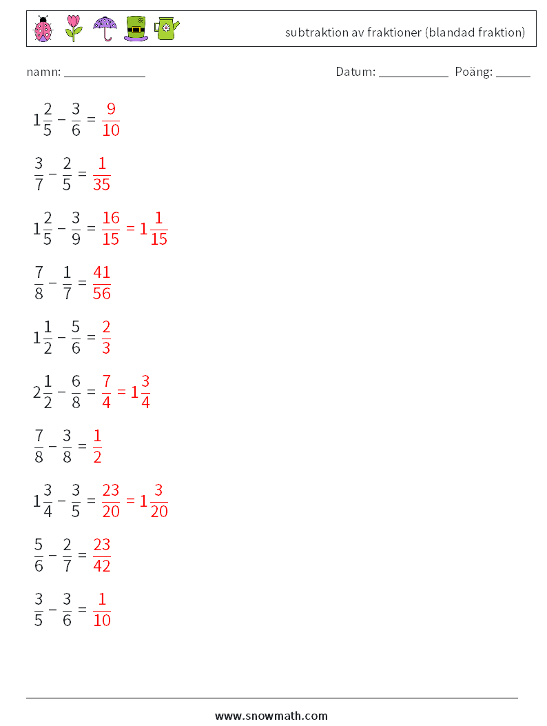 (10) subtraktion av fraktioner (blandad fraktion) Matematiska arbetsblad 12 Fråga, svar