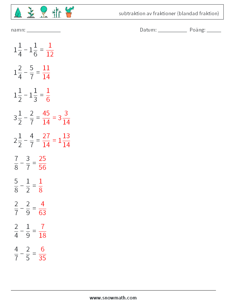 (10) subtraktion av fraktioner (blandad fraktion) Matematiska arbetsblad 13 Fråga, svar