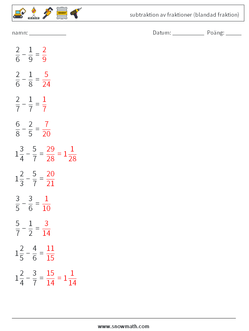 (10) subtraktion av fraktioner (blandad fraktion) Matematiska arbetsblad 14 Fråga, svar