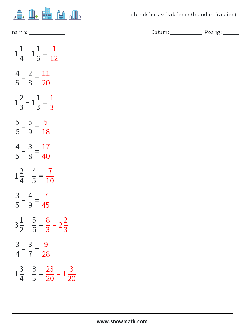 (10) subtraktion av fraktioner (blandad fraktion) Matematiska arbetsblad 15 Fråga, svar