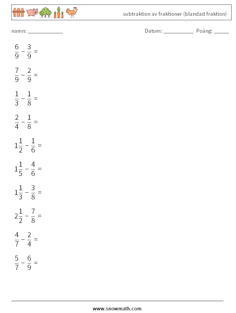 (10) subtraktion av fraktioner (blandad fraktion) Matematiska arbetsblad 16