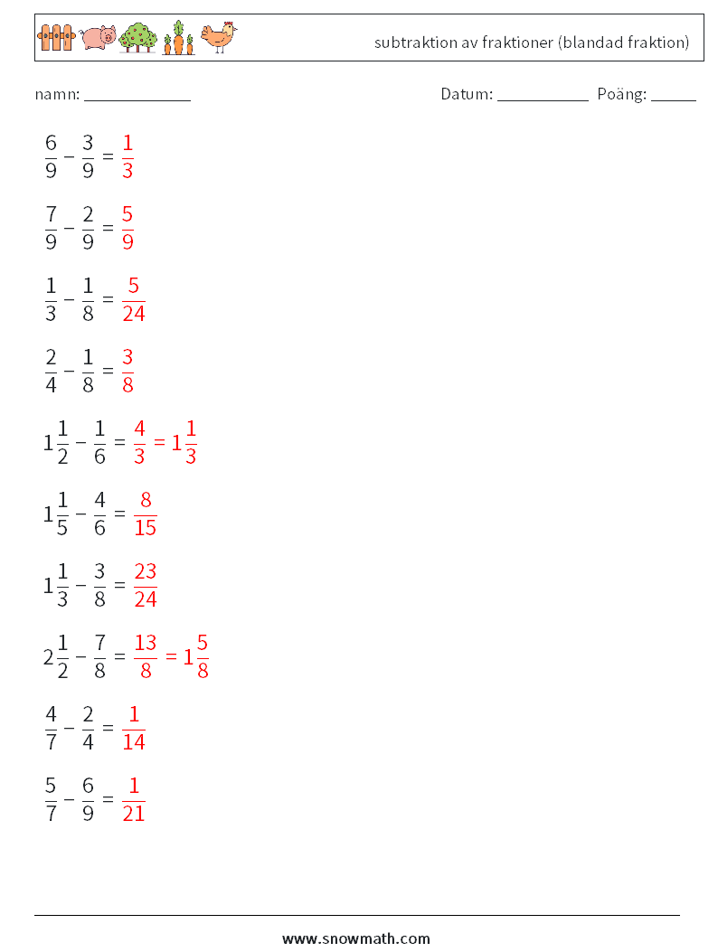 (10) subtraktion av fraktioner (blandad fraktion) Matematiska arbetsblad 16 Fråga, svar