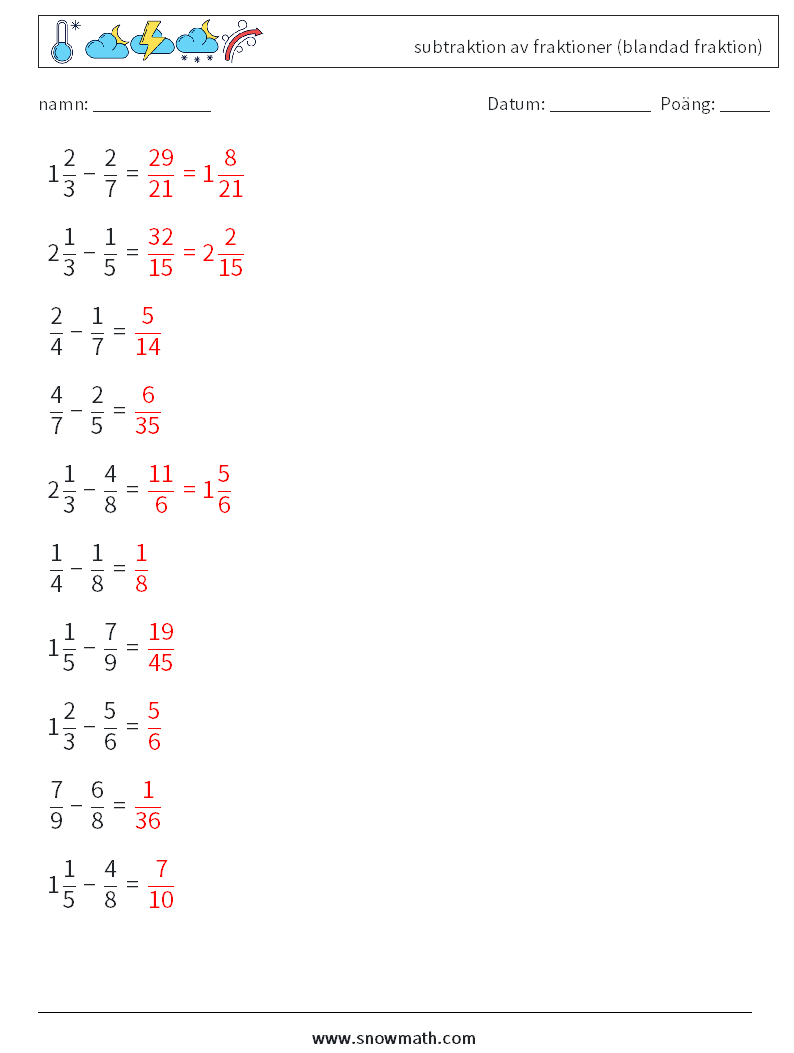 (10) subtraktion av fraktioner (blandad fraktion) Matematiska arbetsblad 17 Fråga, svar