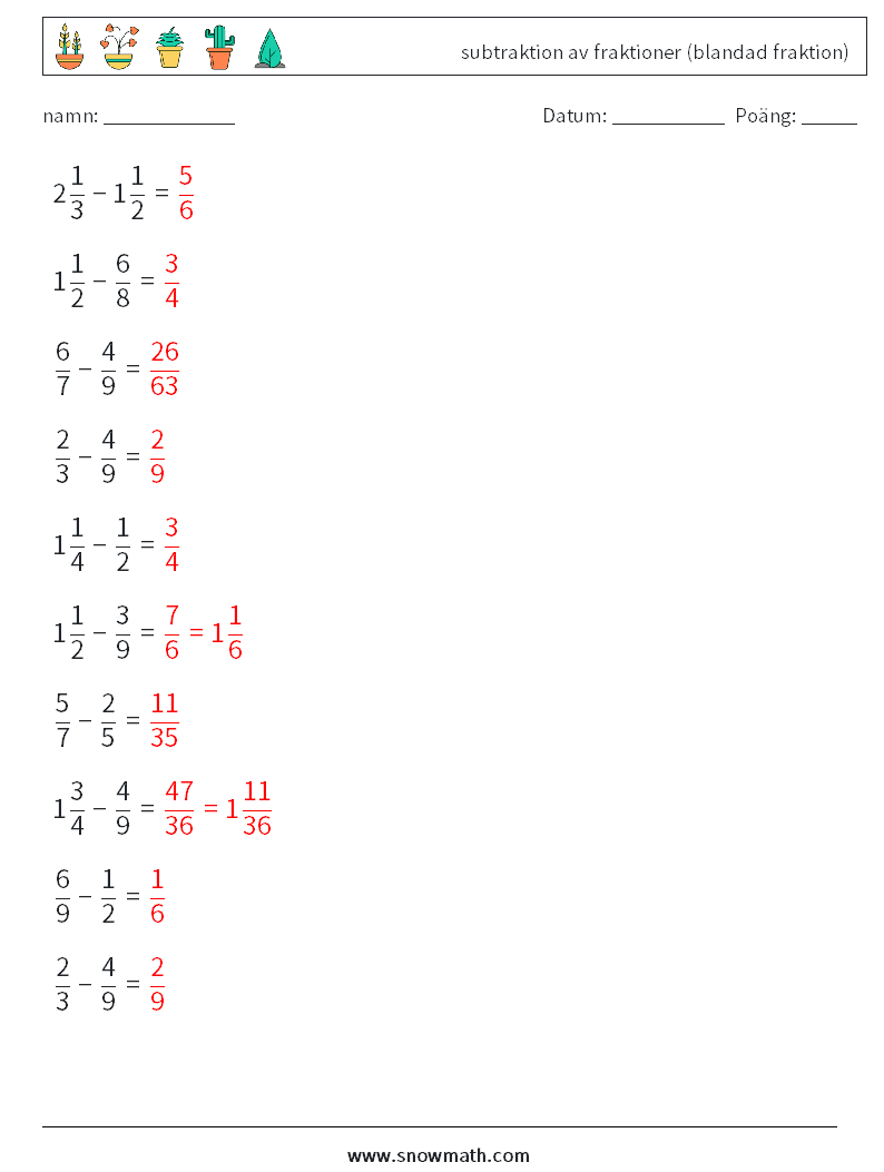 (10) subtraktion av fraktioner (blandad fraktion) Matematiska arbetsblad 18 Fråga, svar