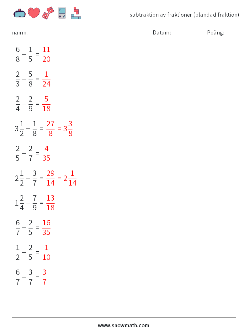 (10) subtraktion av fraktioner (blandad fraktion) Matematiska arbetsblad 1 Fråga, svar