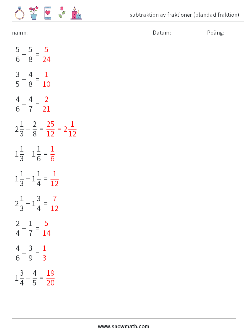 (10) subtraktion av fraktioner (blandad fraktion) Matematiska arbetsblad 2 Fråga, svar