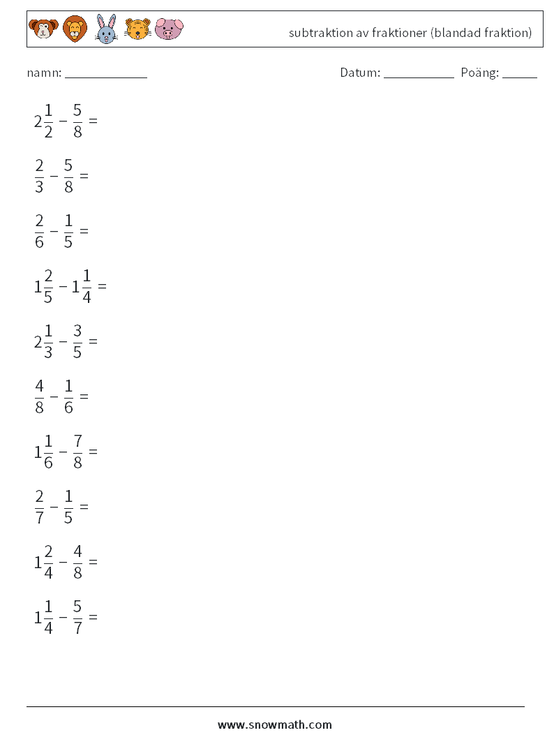 (10) subtraktion av fraktioner (blandad fraktion) Matematiska arbetsblad 3