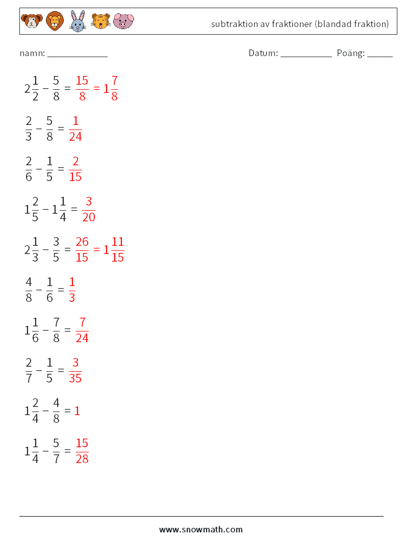 (10) subtraktion av fraktioner (blandad fraktion) Matematiska arbetsblad 3 Fråga, svar