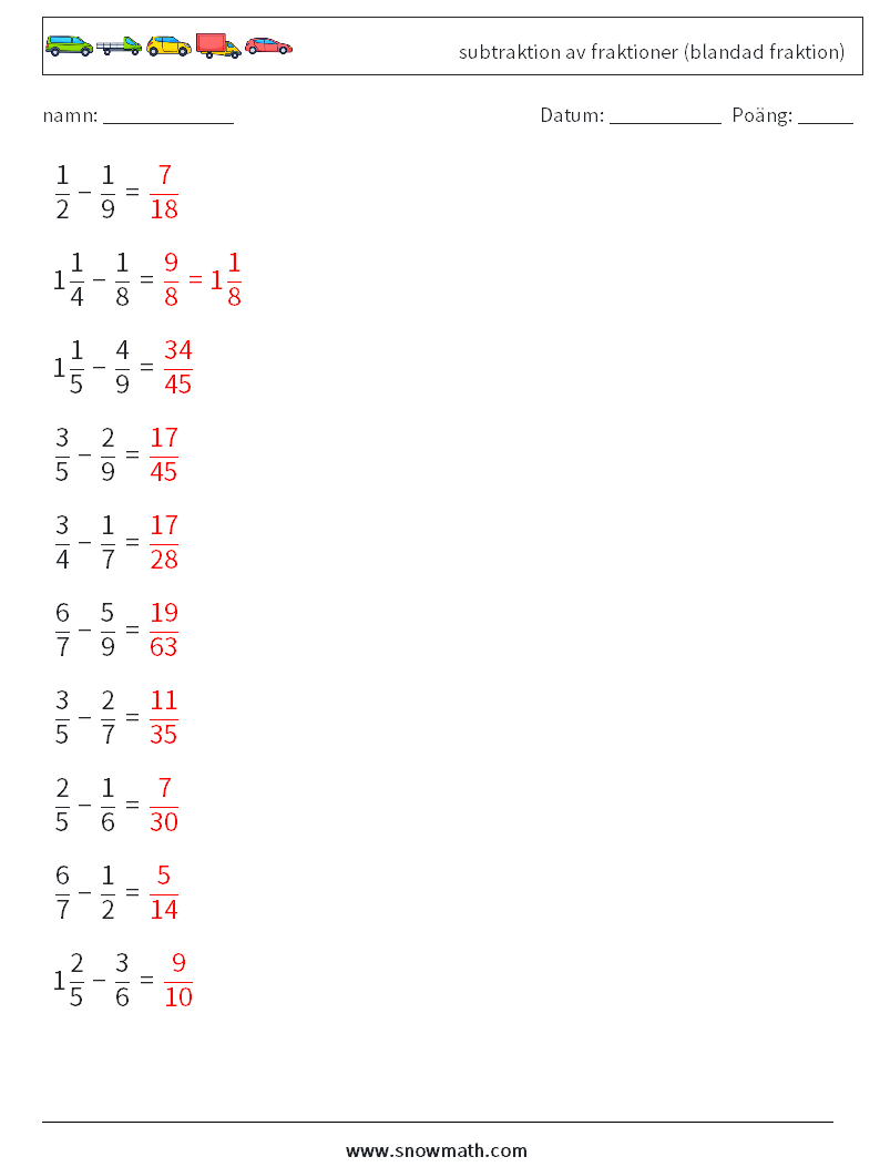 (10) subtraktion av fraktioner (blandad fraktion) Matematiska arbetsblad 4 Fråga, svar