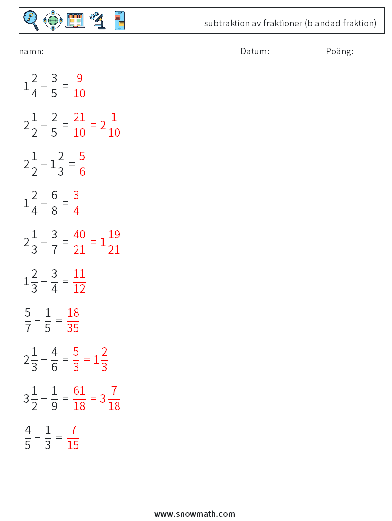 (10) subtraktion av fraktioner (blandad fraktion) Matematiska arbetsblad 5 Fråga, svar