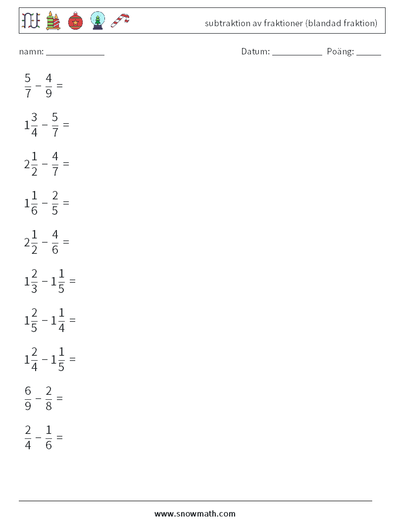 (10) subtraktion av fraktioner (blandad fraktion) Matematiska arbetsblad 6