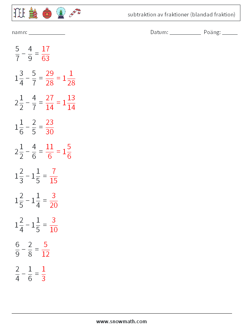 (10) subtraktion av fraktioner (blandad fraktion) Matematiska arbetsblad 6 Fråga, svar