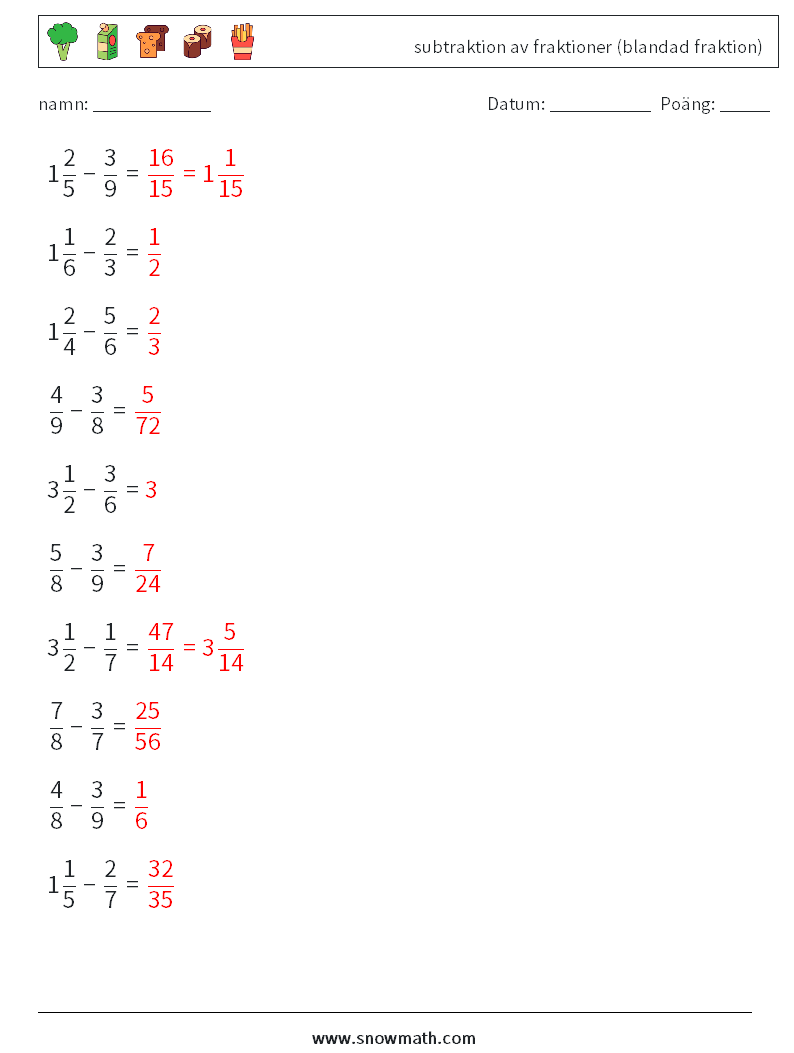 (10) subtraktion av fraktioner (blandad fraktion) Matematiska arbetsblad 7 Fråga, svar