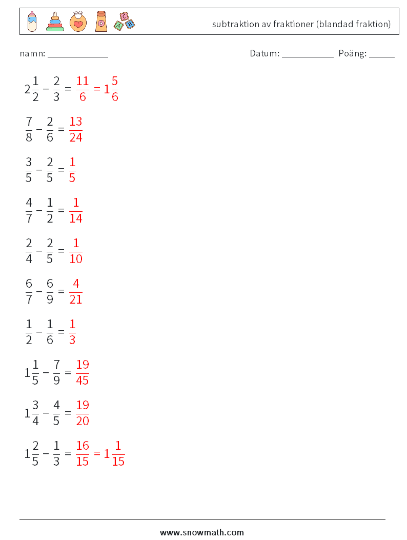 (10) subtraktion av fraktioner (blandad fraktion) Matematiska arbetsblad 8 Fråga, svar