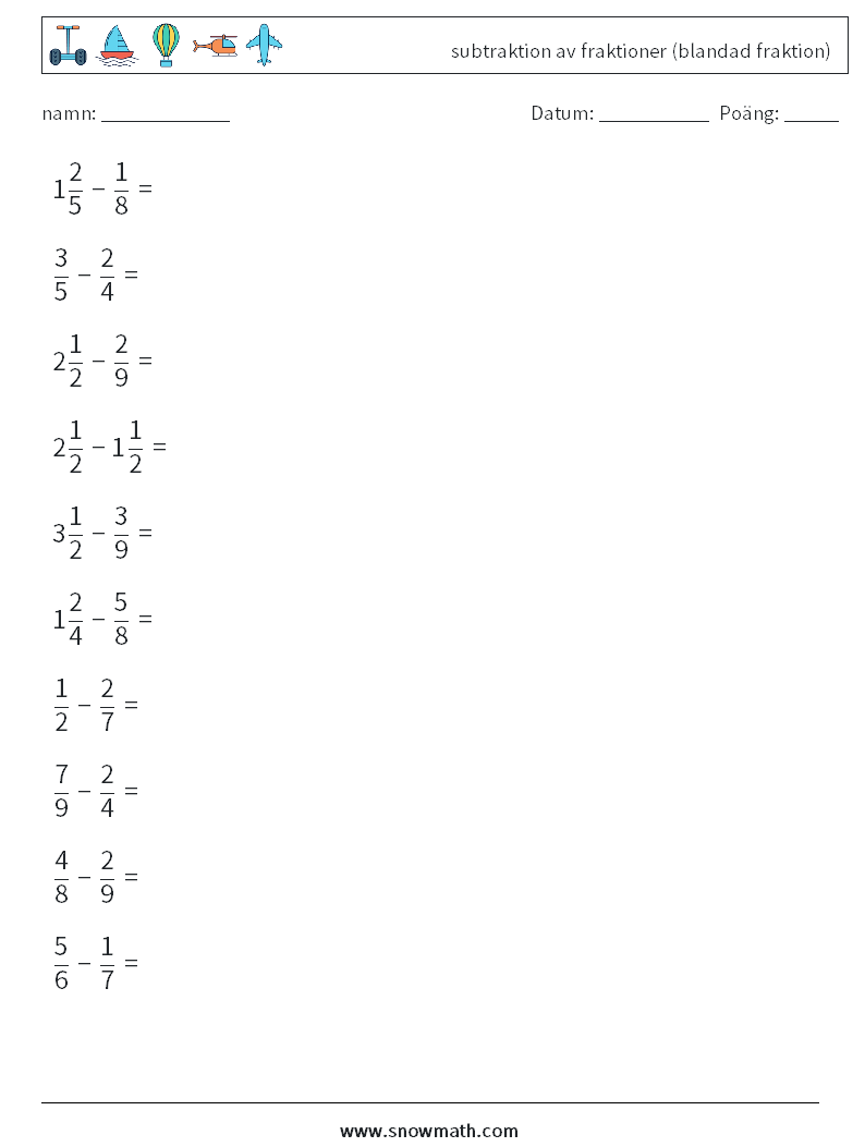 (10) subtraktion av fraktioner (blandad fraktion) Matematiska arbetsblad 9