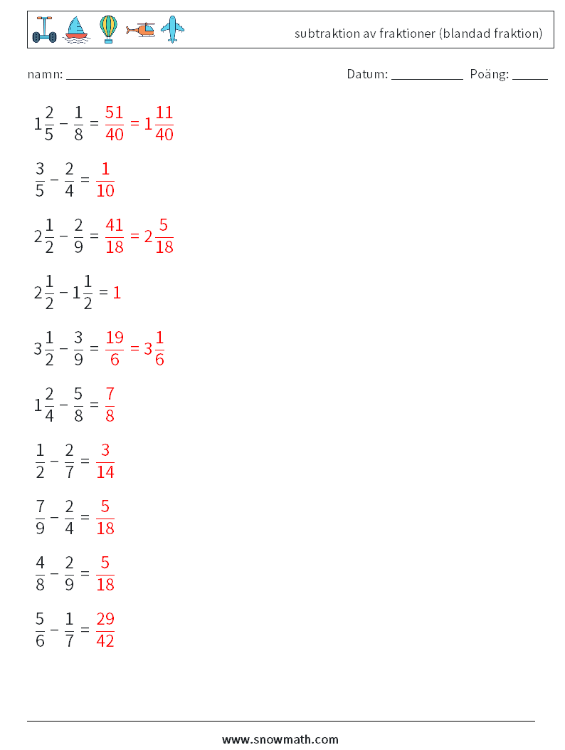 (10) subtraktion av fraktioner (blandad fraktion) Matematiska arbetsblad 9 Fråga, svar