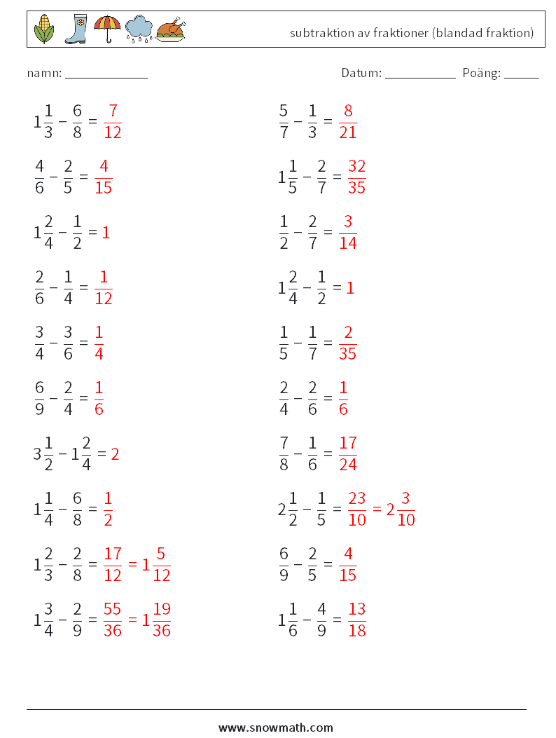 (20) subtraktion av fraktioner (blandad fraktion) Matematiska arbetsblad 10 Fråga, svar