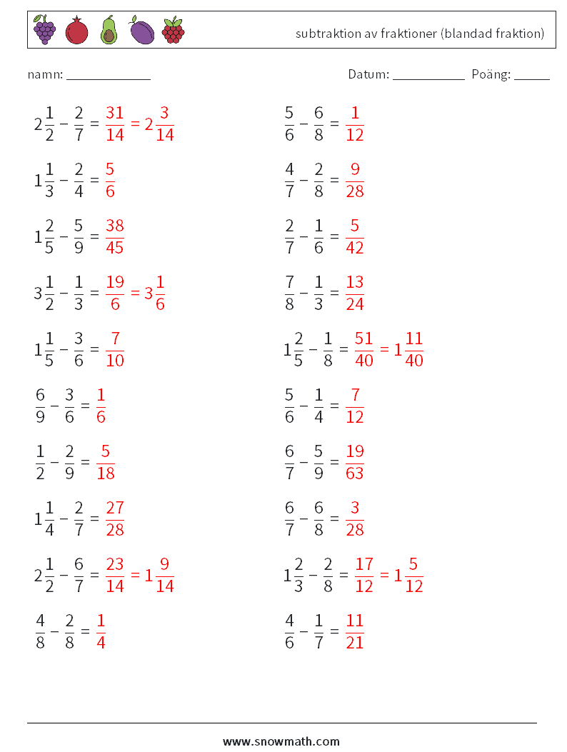 (20) subtraktion av fraktioner (blandad fraktion) Matematiska arbetsblad 11 Fråga, svar