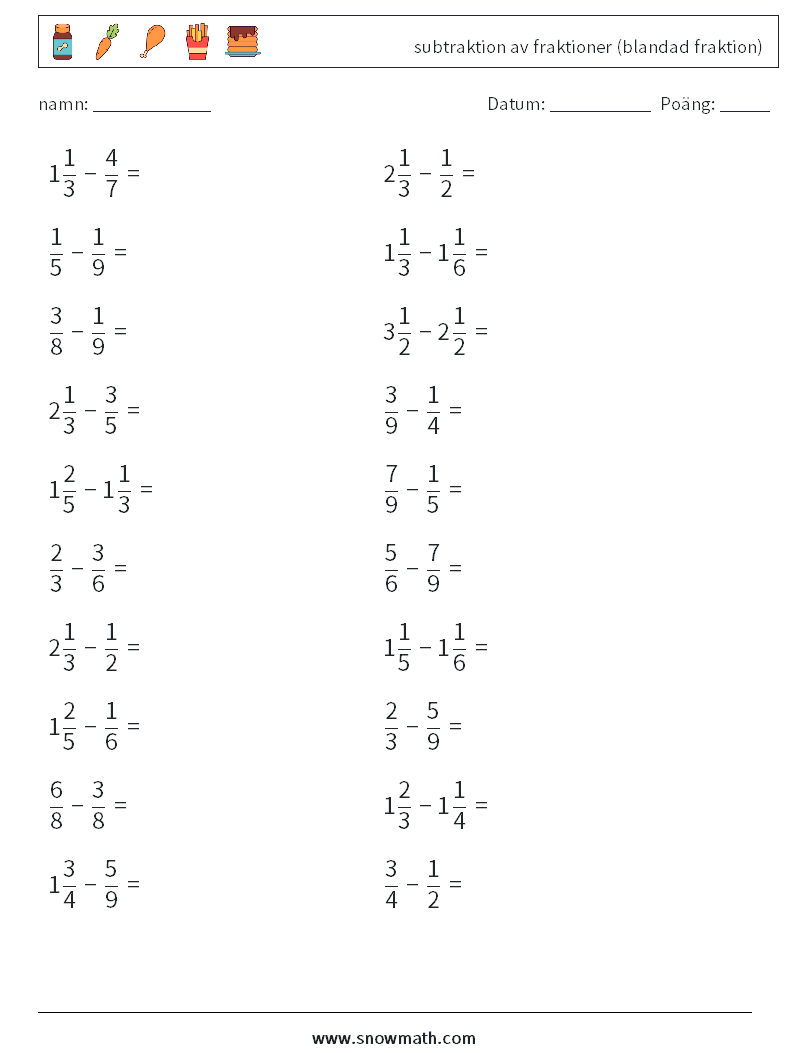 (20) subtraktion av fraktioner (blandad fraktion) Matematiska arbetsblad 12