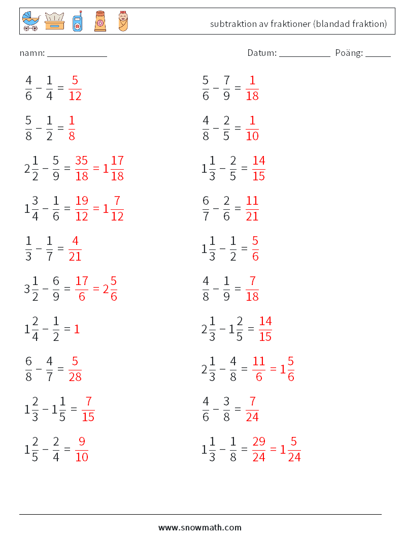 (20) subtraktion av fraktioner (blandad fraktion) Matematiska arbetsblad 13 Fråga, svar