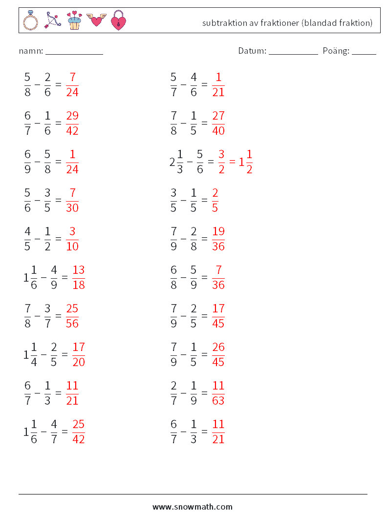 (20) subtraktion av fraktioner (blandad fraktion) Matematiska arbetsblad 14 Fråga, svar