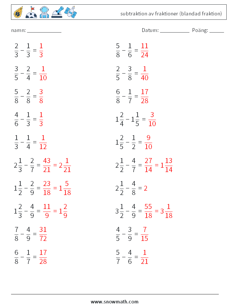 (20) subtraktion av fraktioner (blandad fraktion) Matematiska arbetsblad 15 Fråga, svar
