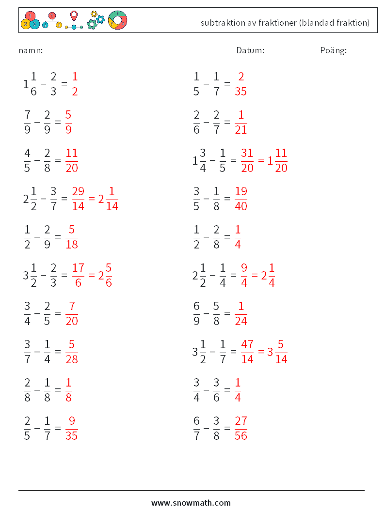 (20) subtraktion av fraktioner (blandad fraktion) Matematiska arbetsblad 16 Fråga, svar