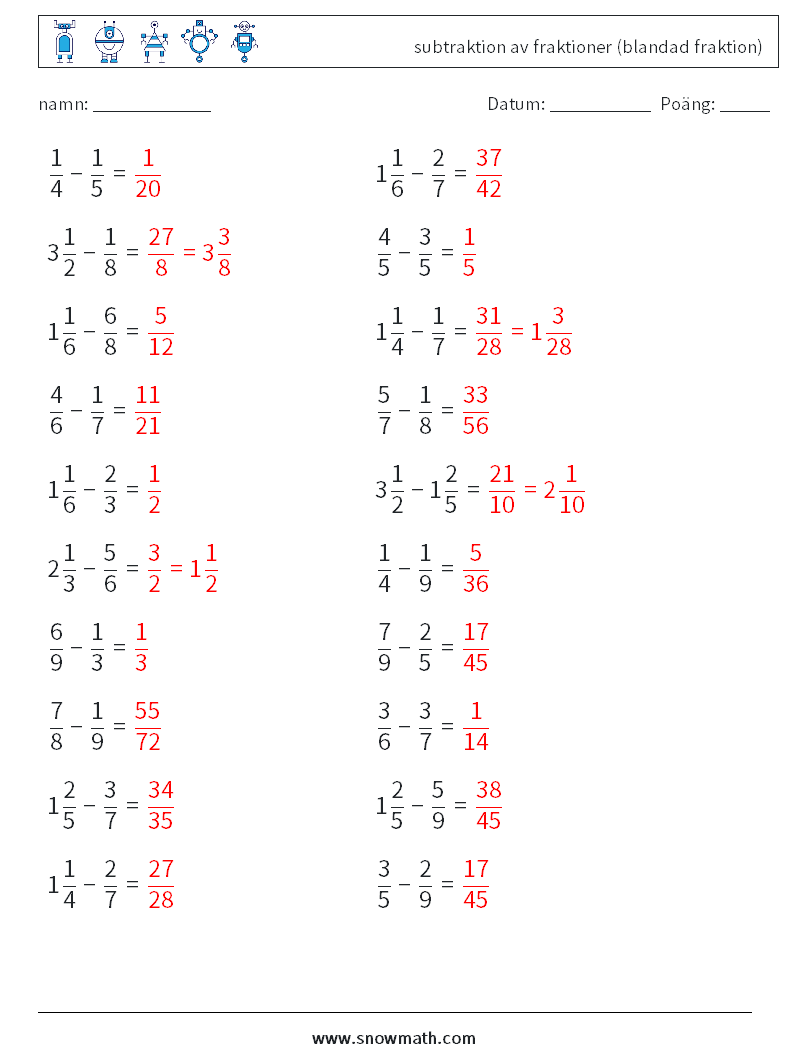 (20) subtraktion av fraktioner (blandad fraktion) Matematiska arbetsblad 17 Fråga, svar