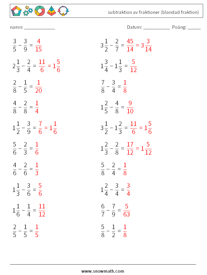 (20) subtraktion av fraktioner (blandad fraktion) Matematiska arbetsblad 18 Fråga, svar