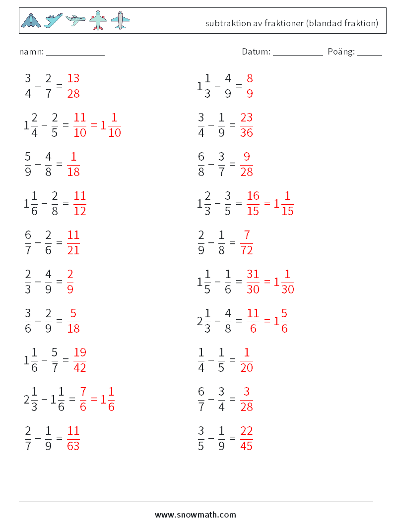 (20) subtraktion av fraktioner (blandad fraktion) Matematiska arbetsblad 1 Fråga, svar