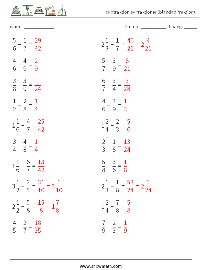 (20) subtraktion av fraktioner (blandad fraktion) Matematiska arbetsblad 2 Fråga, svar