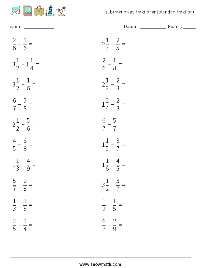 (20) subtraktion av fraktioner (blandad fraktion) Matematiska arbetsblad 3