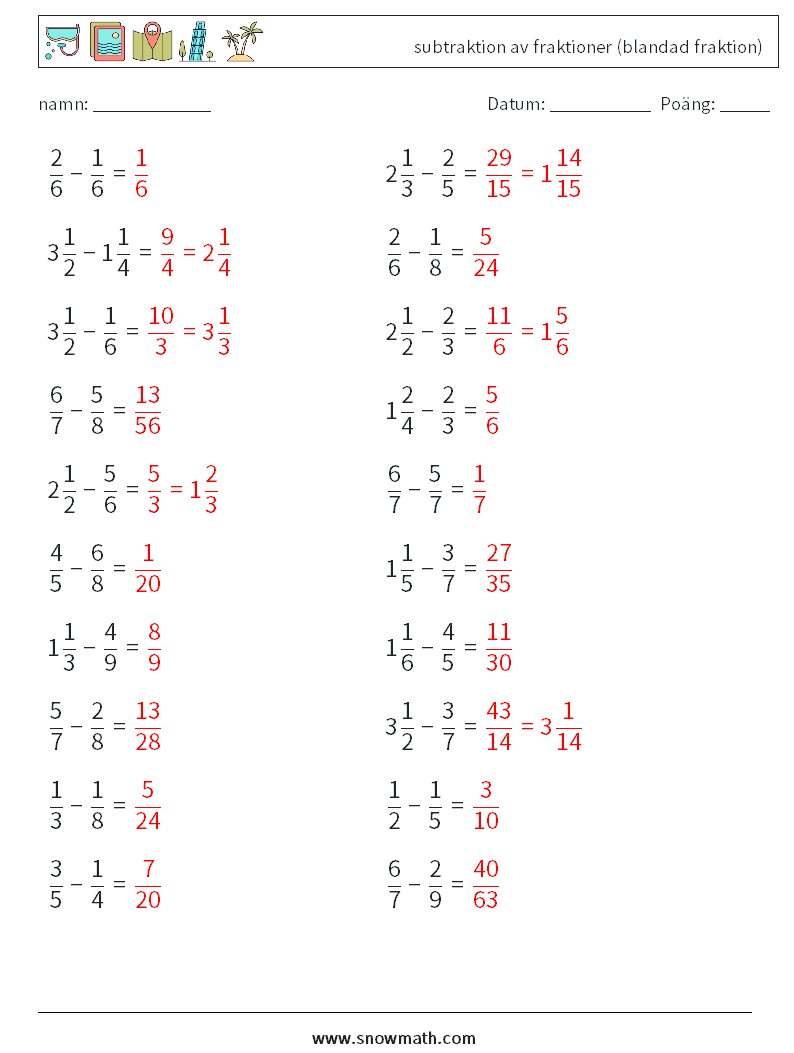 (20) subtraktion av fraktioner (blandad fraktion) Matematiska arbetsblad 3 Fråga, svar