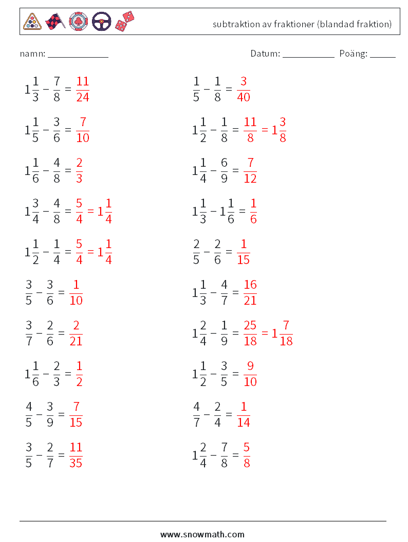 (20) subtraktion av fraktioner (blandad fraktion) Matematiska arbetsblad 4 Fråga, svar