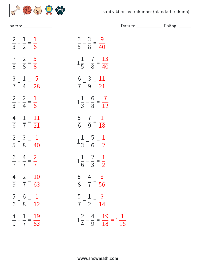 (20) subtraktion av fraktioner (blandad fraktion) Matematiska arbetsblad 6 Fråga, svar