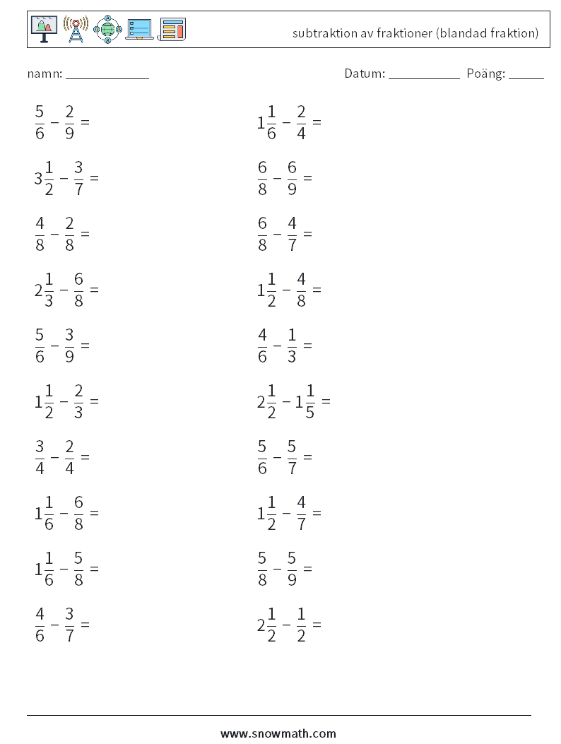 (20) subtraktion av fraktioner (blandad fraktion) Matematiska arbetsblad 7